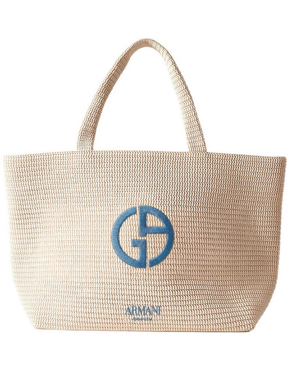 NWT Giorgio Armani Cream Woven Beach Tote with Blue Logo.